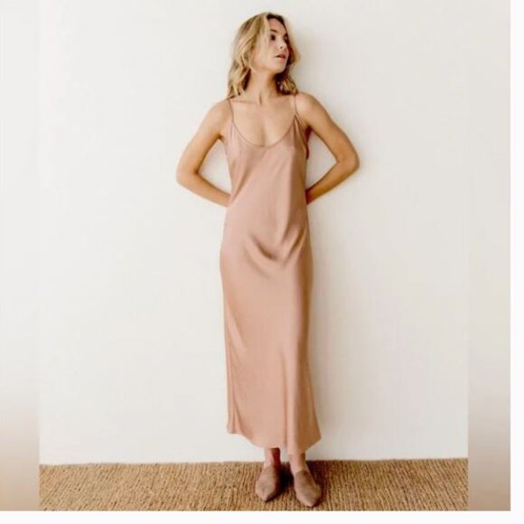 Jenni Kayne Everyday Bias Cut Satin Midi Slip Dress Blush Sz S - Picture 1 of 6